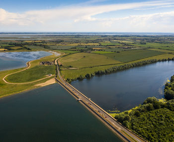 High angle view of road between the lakes 