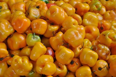 Full frame shot of yellow bell peppers for sale in market