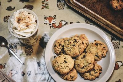 High angle view of cookies in plate on table