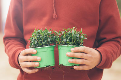Midsection of person holding potted plants