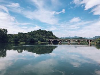 Scenic view of bridge over water against sky