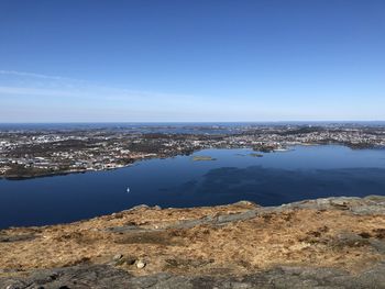 Scenic high angle view of town sea against clear blue sky