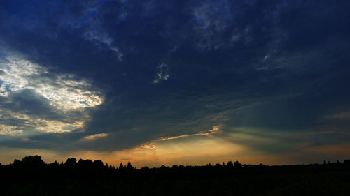 Low angle view of silhouette trees on field against sky at sunset