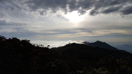 Scenic view of mountains against cloudy sky