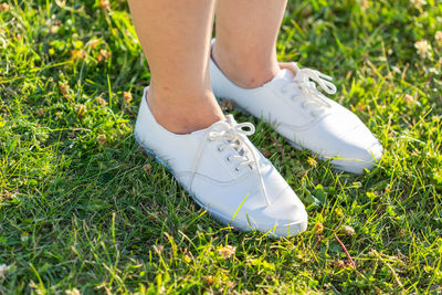 Low section of person wearing shoes on field