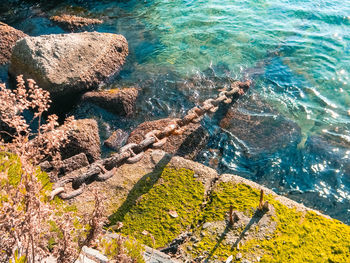 High angle view of rocks by sea