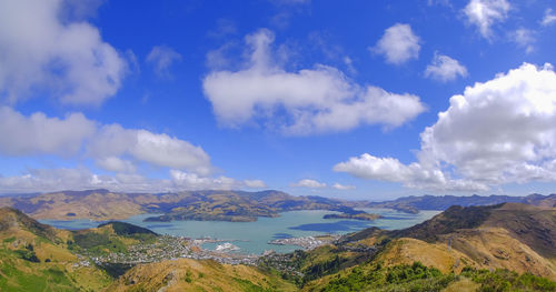 Panoramic view of mountains against blue sky