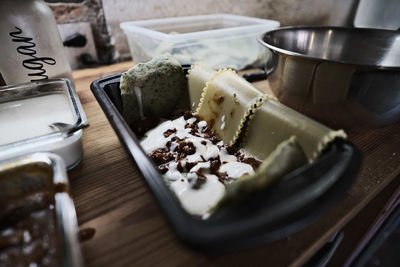 Close-up of dessert in plate on table