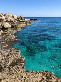 Scenic view of sea against clear blue sky