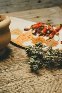 Herbs by spices on table