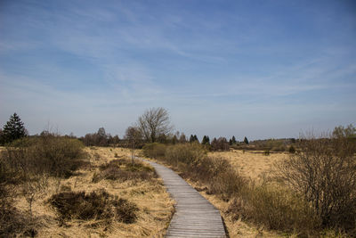 Walkway amidst field against sky