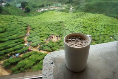 High angle view of coffee on table