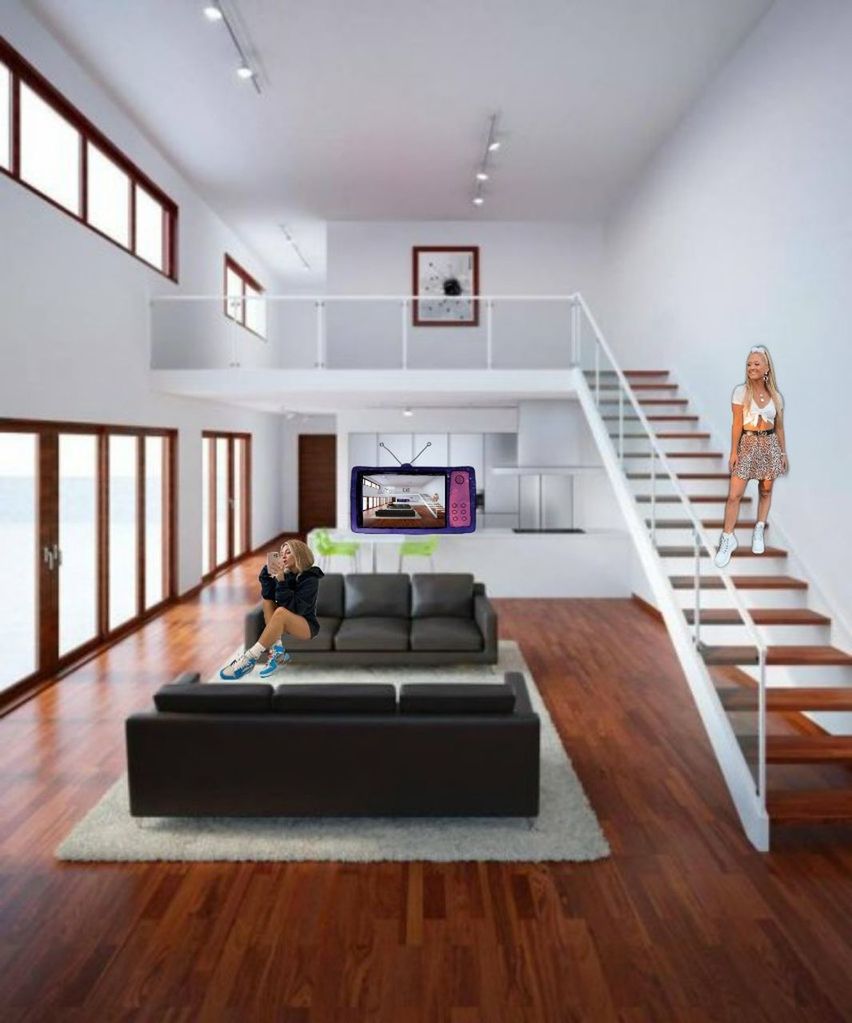 home interior, hardwood floor, domestic room, flooring, staircase, wood, furniture, full length, architecture, indoors, domestic life, living room, sofa, women, modern, adult, home showcase interior, steps and staircases, people, technology, luxury, flat screen, electric lamp