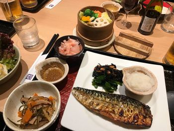 High angle view of food served on table