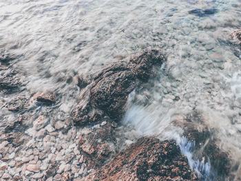 High angle view of water flowing through rocks