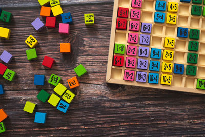 High angle view of toy blocks on table