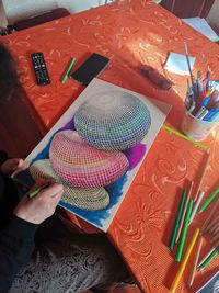 High angle view of woman working on table