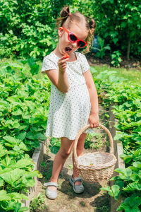 Full length of girl wearing sunglasses standing by wicker basket