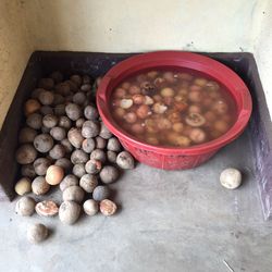 High angle view of potatoes by wall