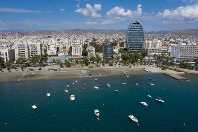 Aerial view from offshore at skyline of limassol at beauty sunny day.