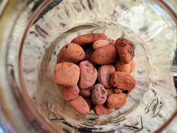 High angle view of chocolate in glass container