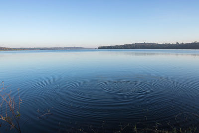 Scenic view of lake against clear blue sky