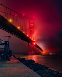 Illuminated golden gate bridge over bay against sky at sunset