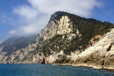 Scenic view of sea and mountains against sky