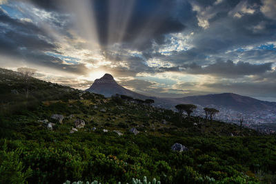 Scenic view of mountains against sky during sunset