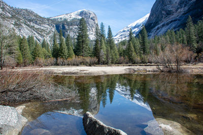 Scenic view of lake by mountains against sky