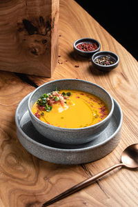 High angle view of soup in bowl on table