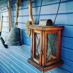 Close-up of clothes hanging on wood