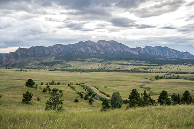 Scenic view of field and mountains against sky