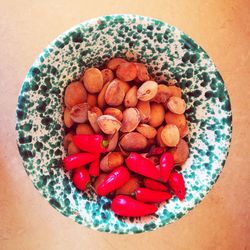 Directly above shot of strawberries in plate on table