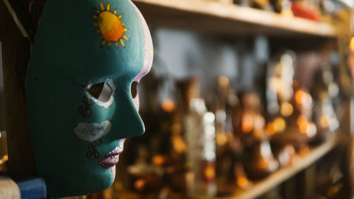 Close-up of human skull in store