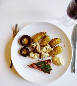 High angle view of breakfast served on table