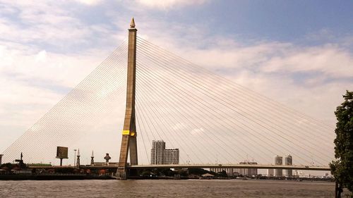 Bridge over river with city in background