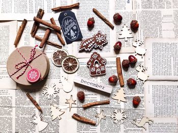 High angle view of objects on table