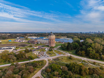 High angle view of cityscape against sky