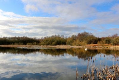 Scenic view of lake against cloudy sky