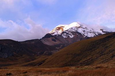 Scenic view of snowcapped mountain against cloudy sky