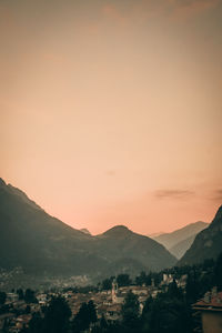 Scenic view of mountains against sky during sunset