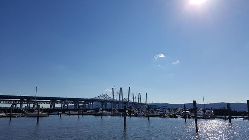 Scenic view of river against clear blue sky