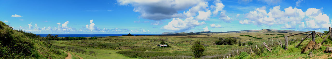 Panoramic view of landscape and sea against sky