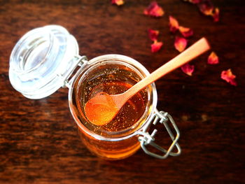 High angle view of drink on table