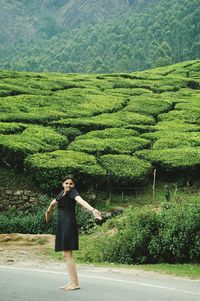 Portrait of woman standing on road against plants