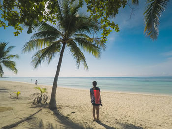 Rear view of man on beach against sky