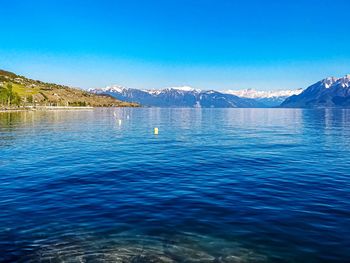 Scenic view of lake against clear blue sky