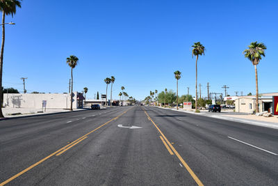 Road by palm trees against sky