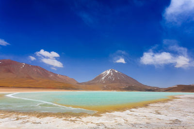 Scenic view of snowcapped mountains against blue sky